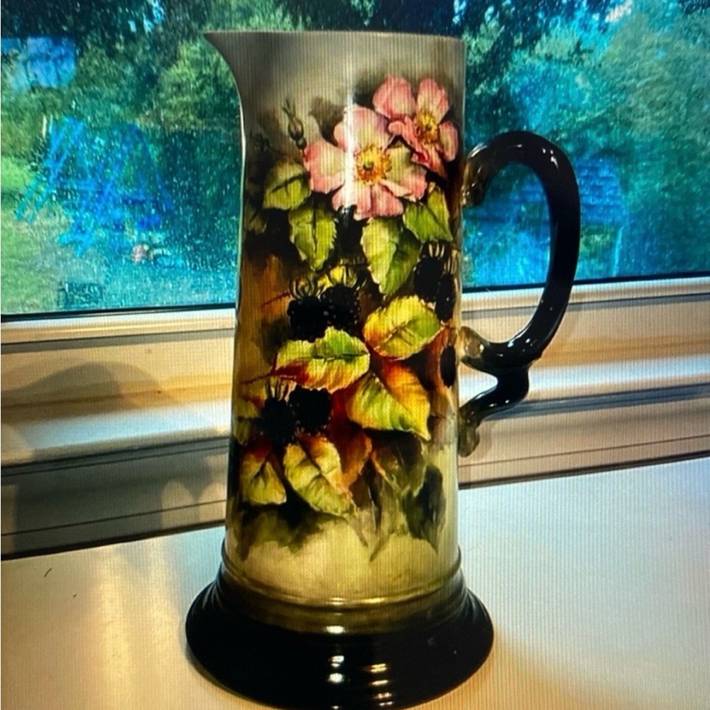 Jean Poutat Limogrs France Elegant Floral Pitcher with Pink and Green Design